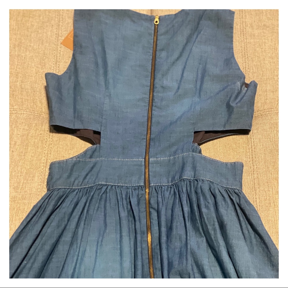 FRENCH CONNECTION SIDE CUTOUT DENIM SKATER DRESS